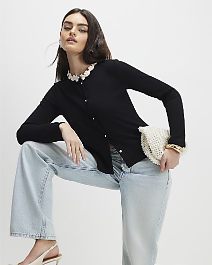 Black Long Sleeve Flower Trim Top