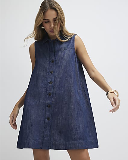 Blue Linen Blend Mini Dress