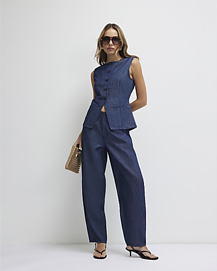 Blue Linen Blend Barrel Leg Trousers