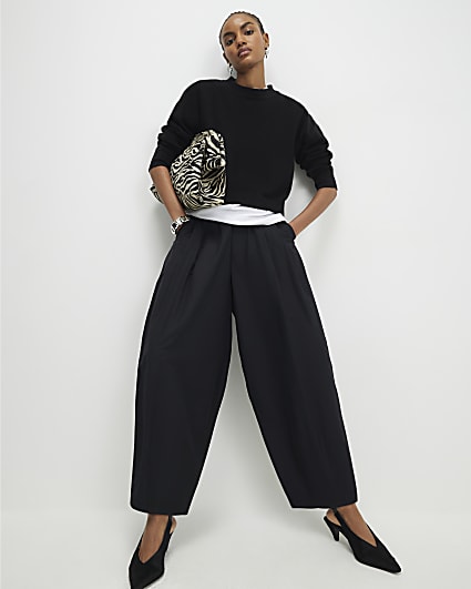 Black Cotton Poplin Barrel Leg Trousers