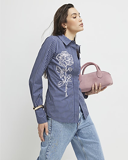 Blue Striped Long Sleeve Embroidered Shirt