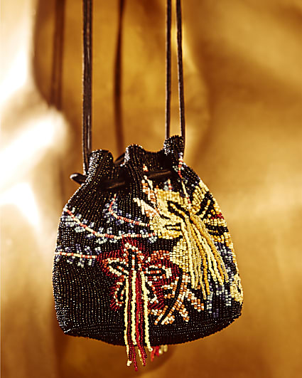 Black Drawstring Beaded Bag