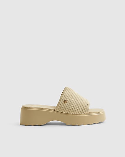 Beige Knitted Mule Flatform Sandals