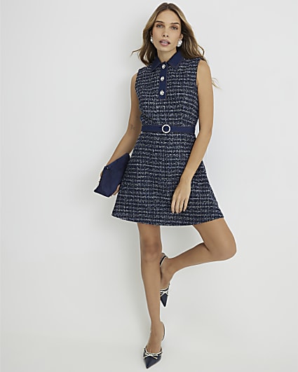Blue Boucle Belted Mini Dress