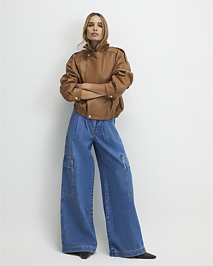Blue Wide Leg Pleated Cargo Pocket Jeans