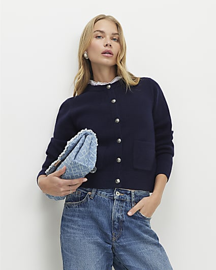 Navy Frill Trim Cardigan