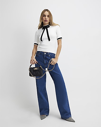 Cream Short Sleeve Ribbed Bow Detail Top