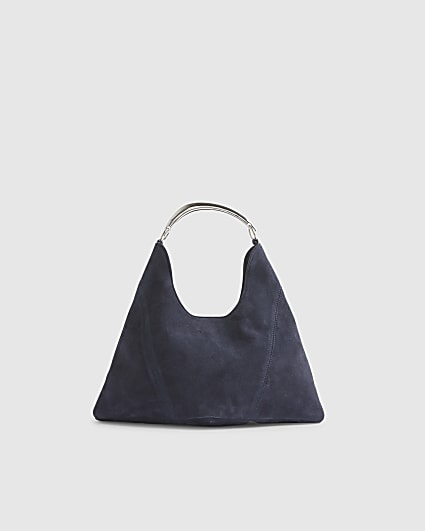 Navy Suede Metal Handle Slouch Shoulder Bag
