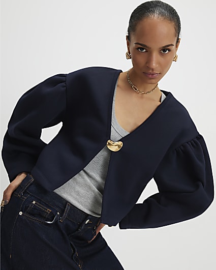 Navy Long Sleeve Button Detail Cardigan