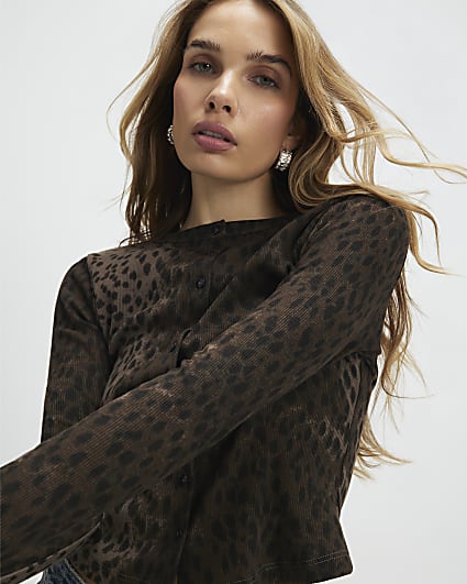 Brown Long Sleeve Leopard Print Ribbed Top