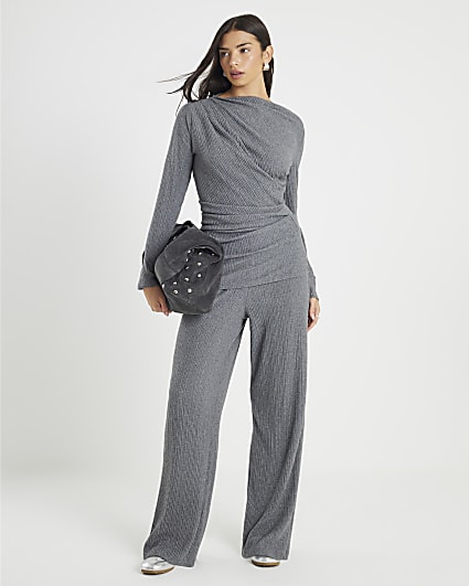Grey Cosy Ribbed Wide Leg Trousers