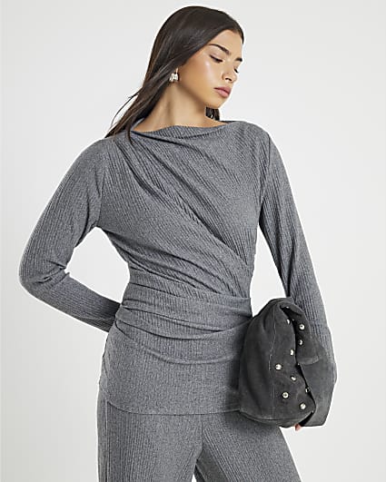 Grey Cosy Ribbed Long Sleeve Drape Top
