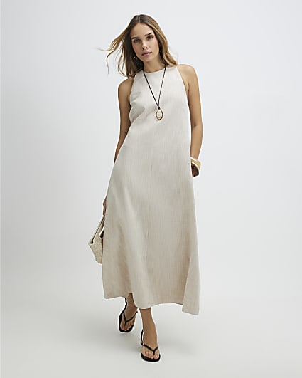 Beige Linen Look Midi Dress