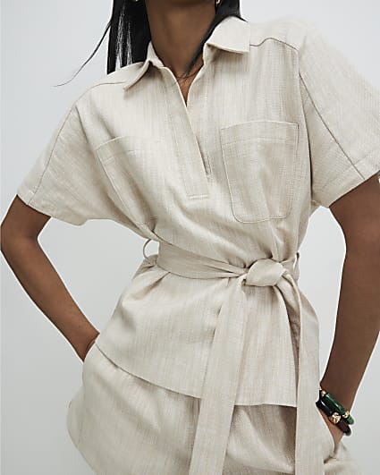 Cream Linen Look Collared Belted Top