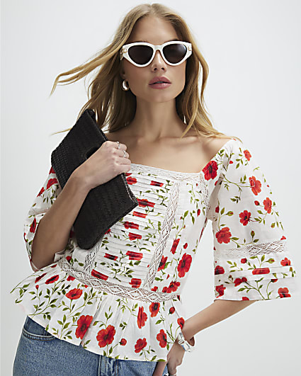 White Poppy Print Blouse