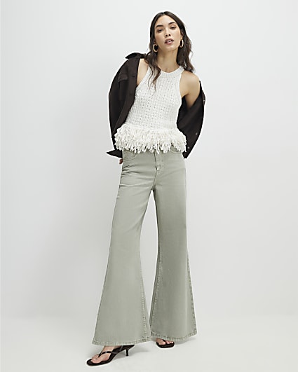 Green High Waisted Wide Flared Leg Jeans