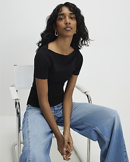 Black Short Sleeve Cotton Boat Neck Top