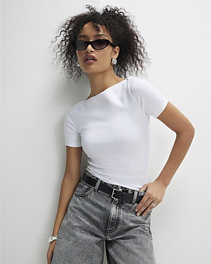 White Short Sleeve Cotton Boat Neck Top