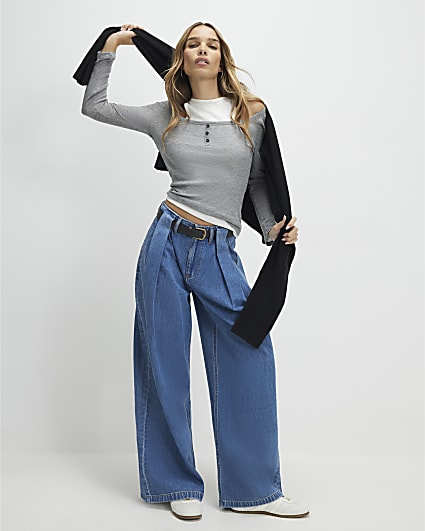 Blue Belted Pleated Wide Leg Jeans