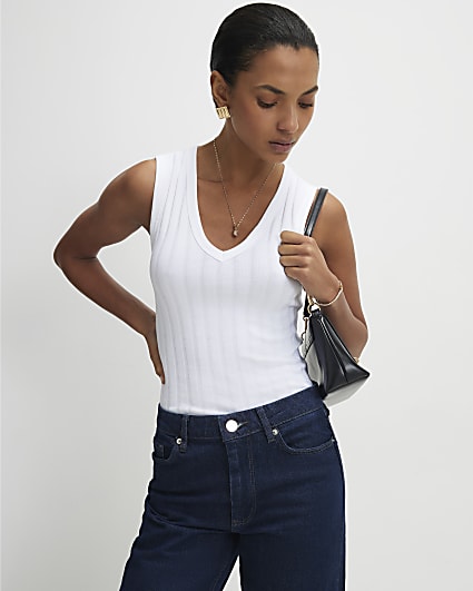White Wide Ribbed V-Neck Tank Top