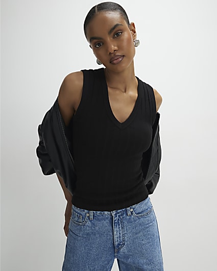 Black Sleeveless Wide Ribbed Tank Top