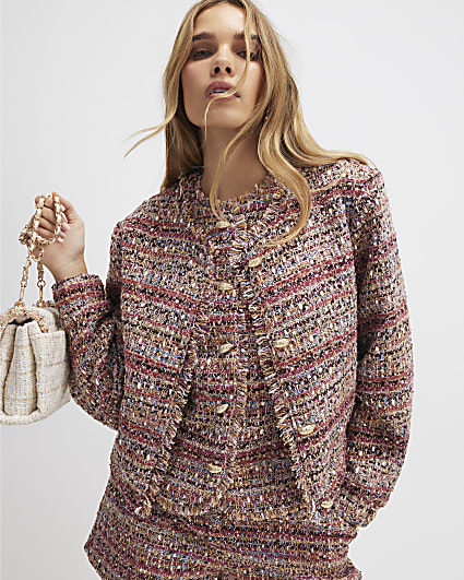 Red Boucle Cropped Bomber Jacket