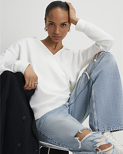 Cream Long Sleeve Wrap Front Hoodie