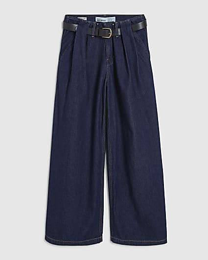 Petite Blue High Rise Pleated Wide Leg Jeans