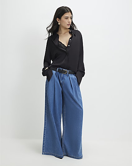 Petite Blue Belted Pleated Wide Leg Jeans