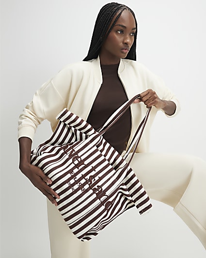 Brown Striped Roll Top Shoulder Bag