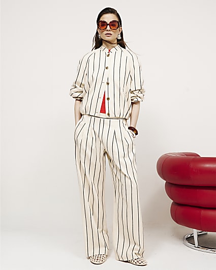Cream Cotton Striped Wide Leg Trousers