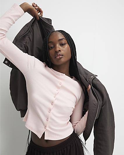 Pink Long Sleeve Rib Cardigan