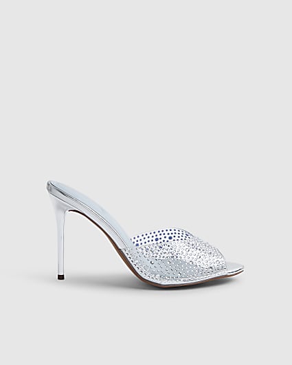 Silver Embellished Heeled Mule Sandals