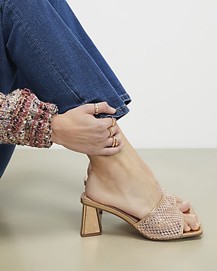 Gold Embellished Mesh Mule Heels