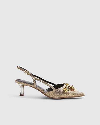 Gold Flower Trim Raffia Slingback Court Heels