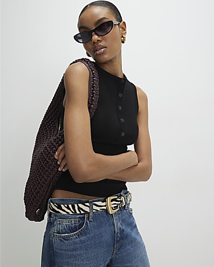 Black Sleeveless Ribbed Popper Top