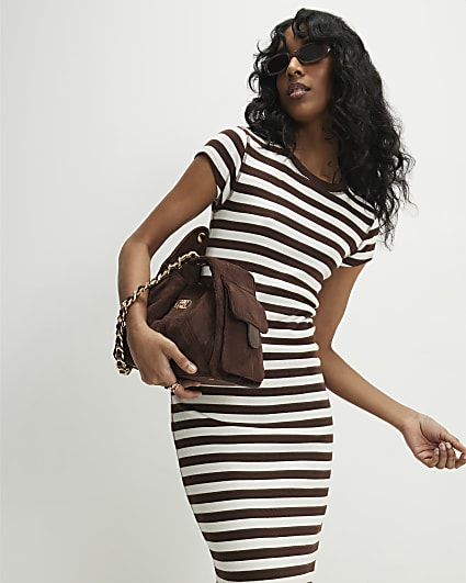 Brown Short Sleeve Striped Ribbed Midi Dress