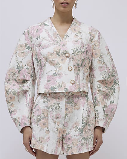 Pink Floral Cocoon Sleeve Boucle Jacket