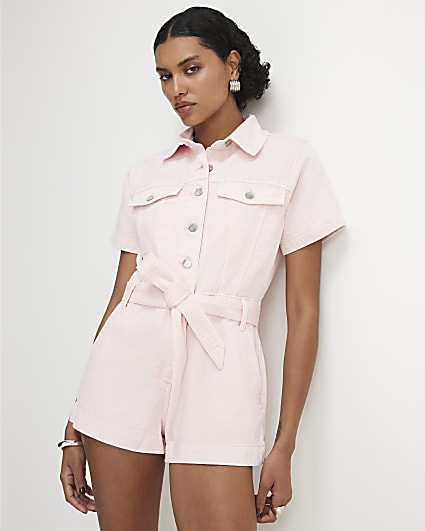 Pink Denim Short Sleeve Playsuit