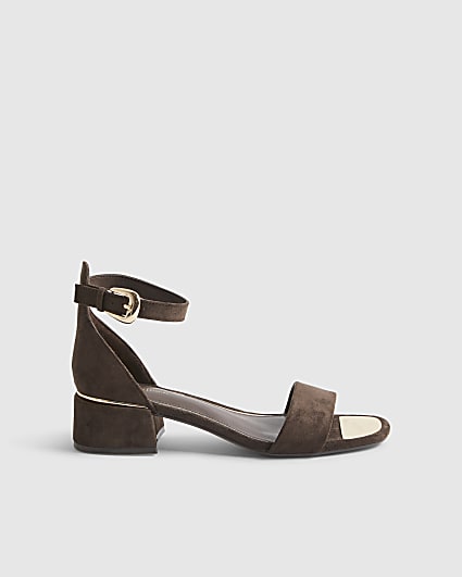 Brown Faux Suede Low Block Heel Sandals