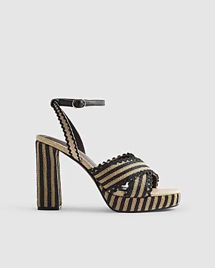 Black Raffia Stripe Platform Heeled Sandals