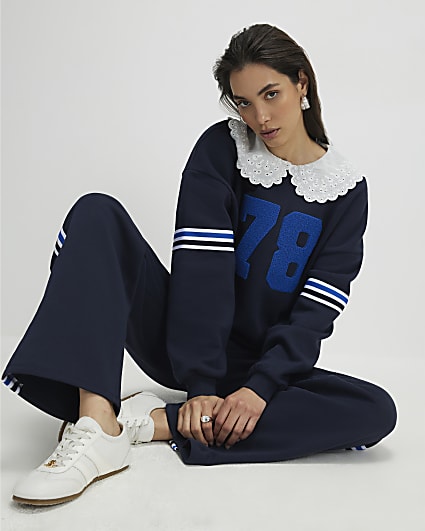 Navy Long Sleeve Collared Number Sweatshirt