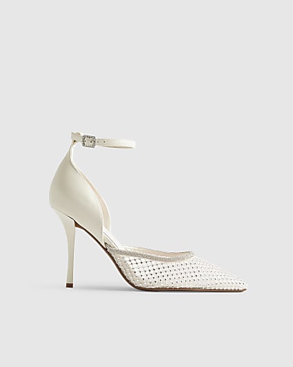 White Embellished Mesh Court Heels