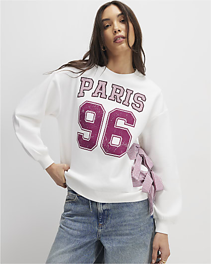 Cream Long Sleeve Paris Bow Sweatshirt