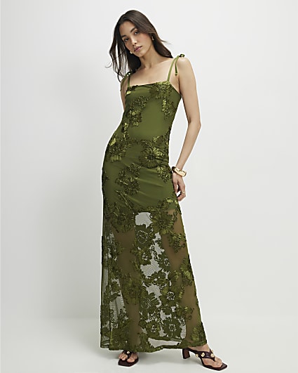 Khaki Sleeveless Cornelli Maxi Dress