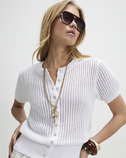 White Knitted Button Through T-Shirt