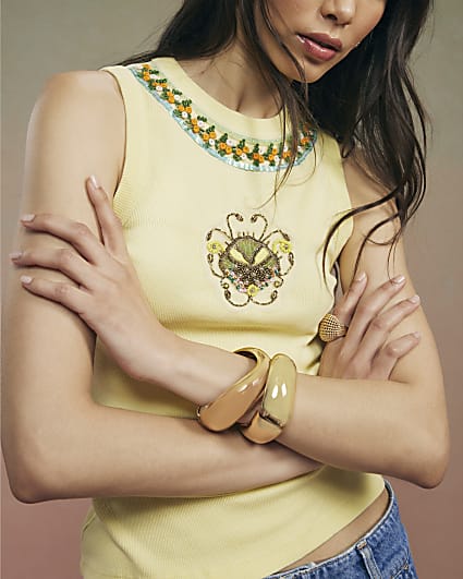 Yellow Year Zero Embellished Racer Tank Top