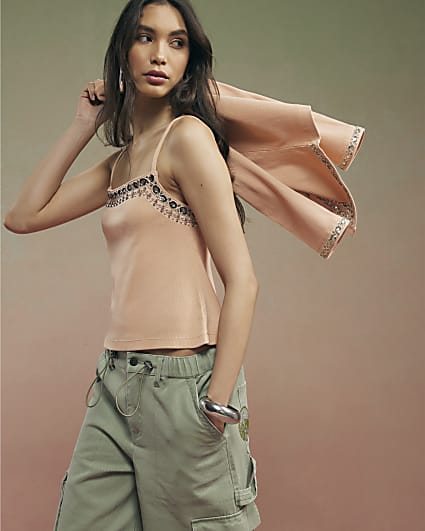 Orange Year Zero Embellished Ribbed Cami