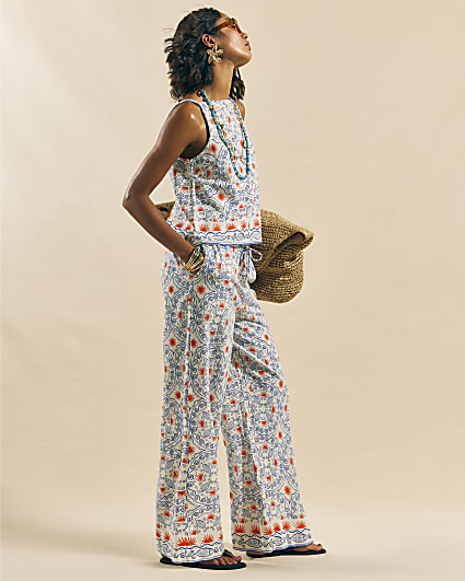 Blue Printed Linen Blend Trousers