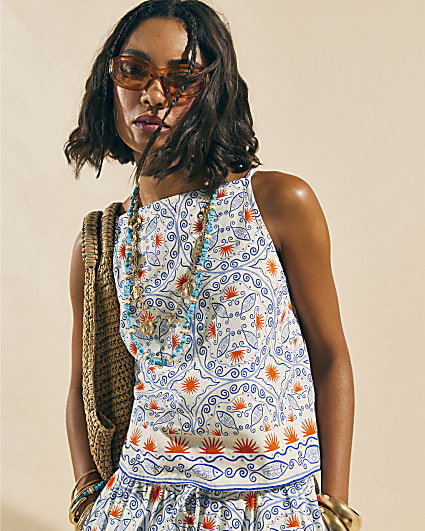 Blue Printed Linen Blend Tank Top